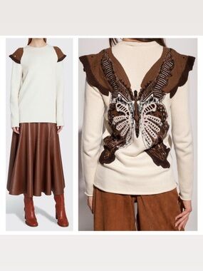 Chloé Cream Brown Sweater Wool Cashmere Butterfly XS Boho Knit Casual Long 🟡